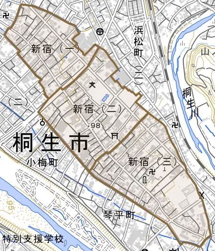 新宿とその周辺の地図。町の範囲を重ねている