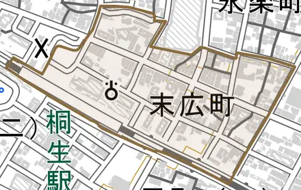 末広町とその周辺の地図。町の範囲を重ねている