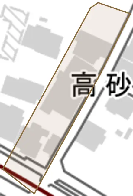 高砂町とその周辺の地図。町の範囲を重ねている