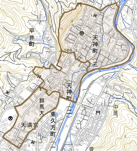 天神町とその周辺の地図。町の範囲を重ねている