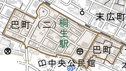 巴町とその周辺の地図。町の範囲を重ねている