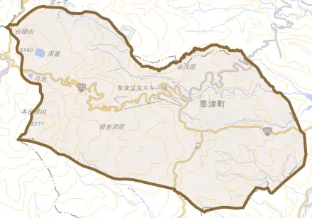 大字草津とその周辺の地図。町の範囲を重ねている