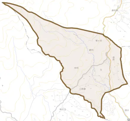 大字前口とその周辺の地図。町の範囲を重ねている