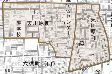 天川原町とその周辺の地図。町の範囲を重ねている