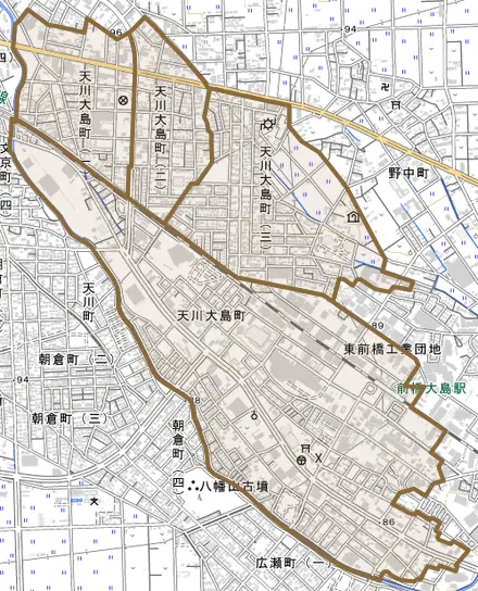 天川大島町とその周辺の地図。町の範囲を重ねている