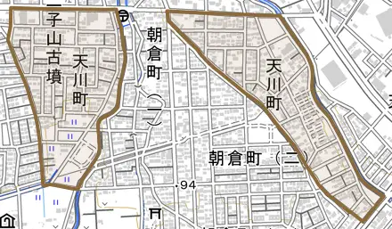 天川町とその周辺の地図。町の範囲を重ねている