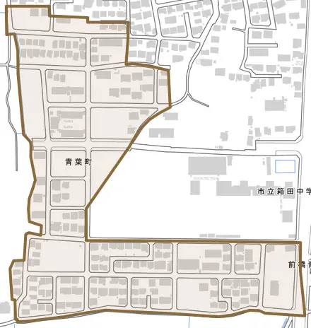 青葉町とその周辺の地図。町の範囲を重ねている