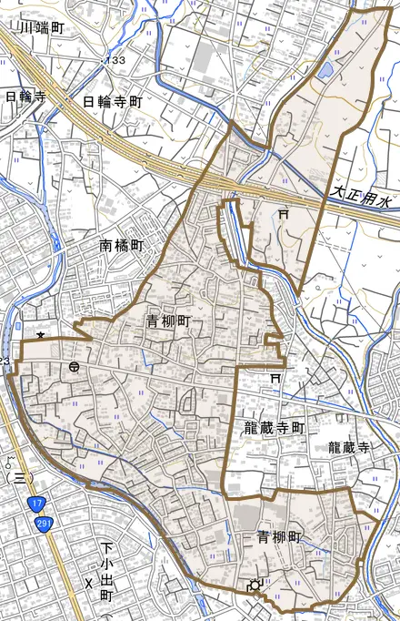 青柳町とその周辺の地図。町の範囲を重ねている