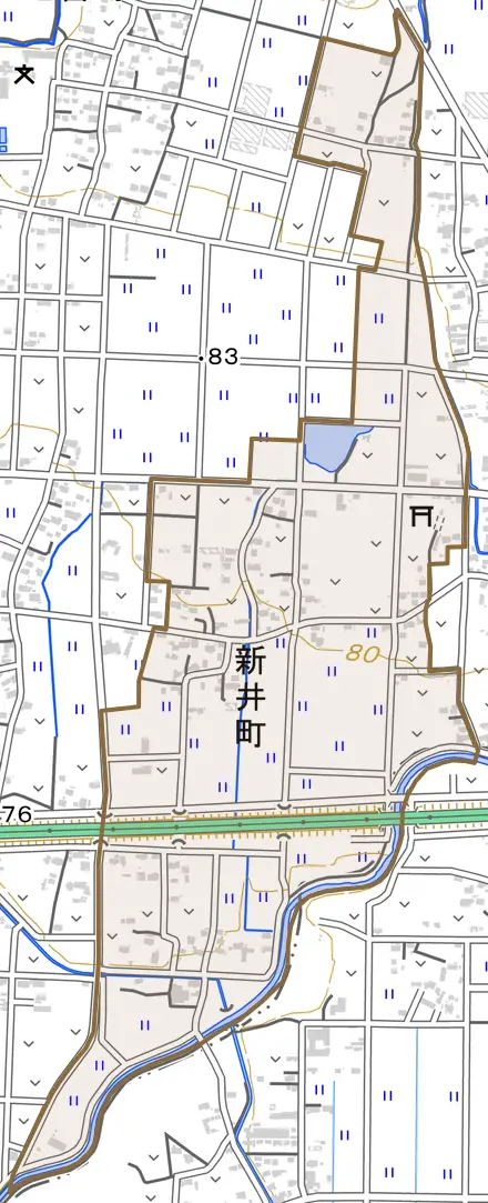 新井町とその周辺の地図。町の範囲を重ねている