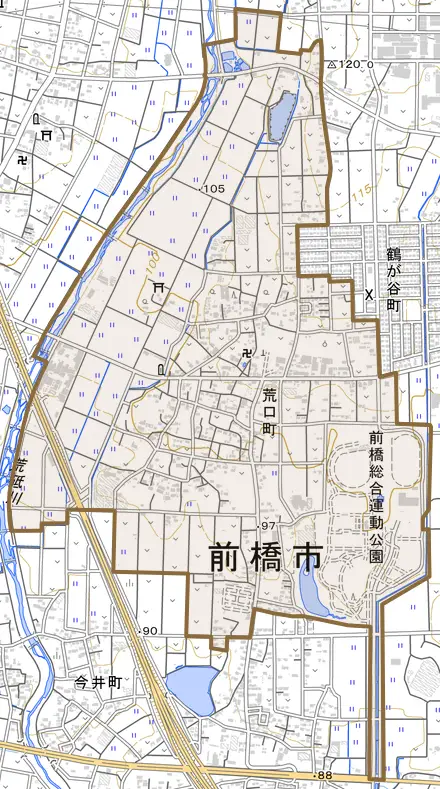 荒口町とその周辺の地図。町の範囲を重ねている