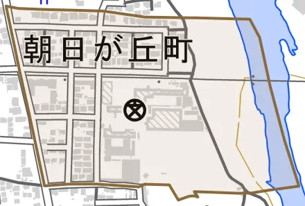 朝日が丘町とその周辺の地図。町の範囲を重ねている