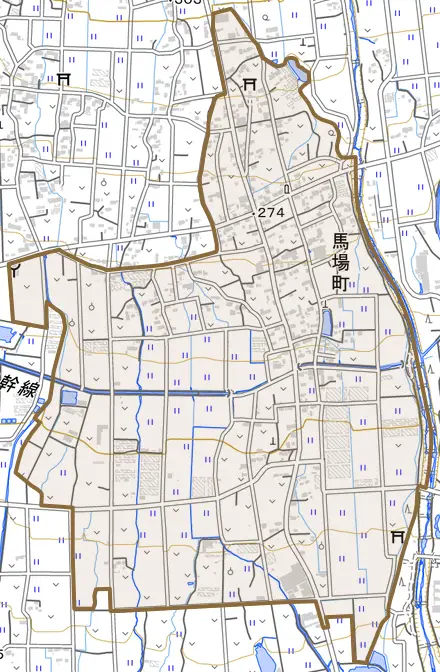 馬場町とその周辺の地図。町の範囲を重ねている