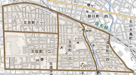 文京町とその周辺の地図。町の範囲を重ねている