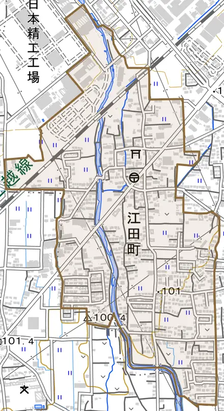江田町とその周辺の地図。町の範囲を重ねている