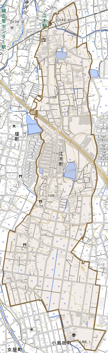 江木町とその周辺の地図。町の範囲を重ねている