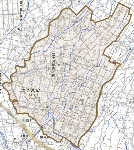 富士見町原之郷とその周辺の地図。町の範囲を重ねている