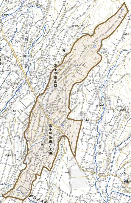 富士見町市之木場とその周辺の地図。町の範囲を重ねている