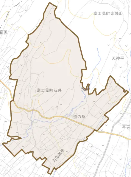 富士見町石井とその周辺の地図。町の範囲を重ねている
