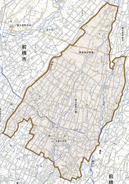 富士見町小暮とその周辺の地図。町の範囲を重ねている