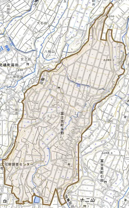 富士見町米野とその周辺の地図。町の範囲を重ねている