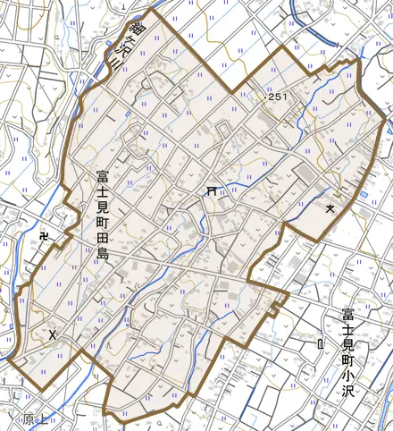富士見町田島とその周辺の地図。町の範囲を重ねている