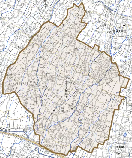 富士見町時沢とその周辺の地図。町の範囲を重ねている