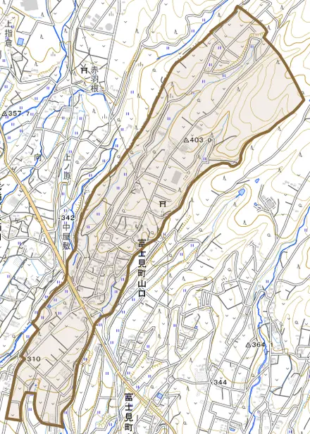 富士見町山口とその周辺の地図。町の範囲を重ねている