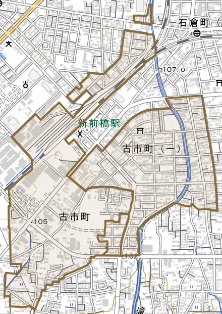 古市町とその周辺の地図。町の範囲を重ねている
