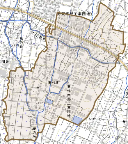 五代町とその周辺の地図。町の範囲を重ねている