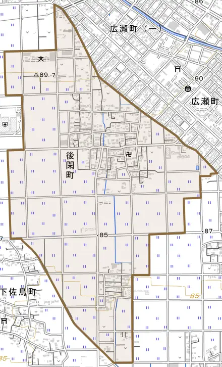 後閑町とその周辺の地図。町の範囲を重ねている