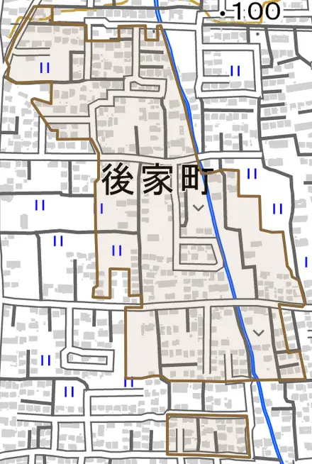 後家町とその周辺の地図。町の範囲を重ねている