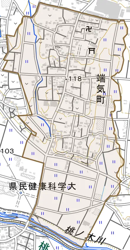 端気町とその周辺の地図。町の範囲を重ねている