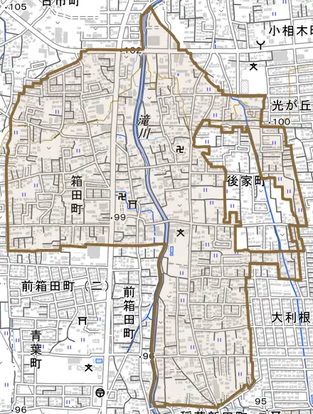 箱田町とその周辺の地図。町の範囲を重ねている