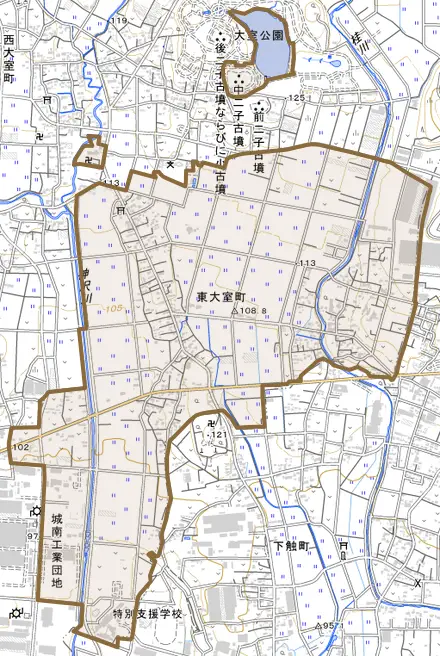 東大室町とその周辺の地図。町の範囲を重ねている