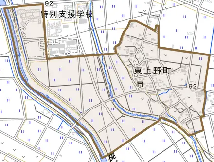 東上野町とその周辺の地図。町の範囲を重ねている