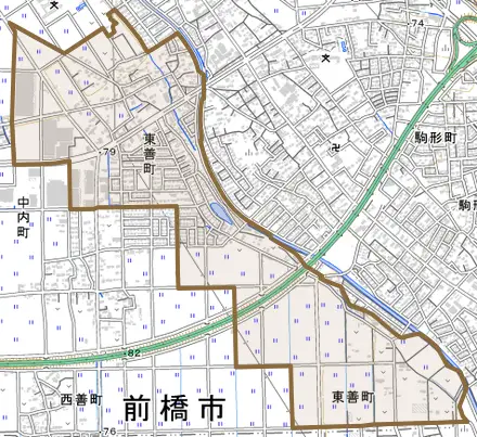 東善町とその周辺の地図。町の範囲を重ねている