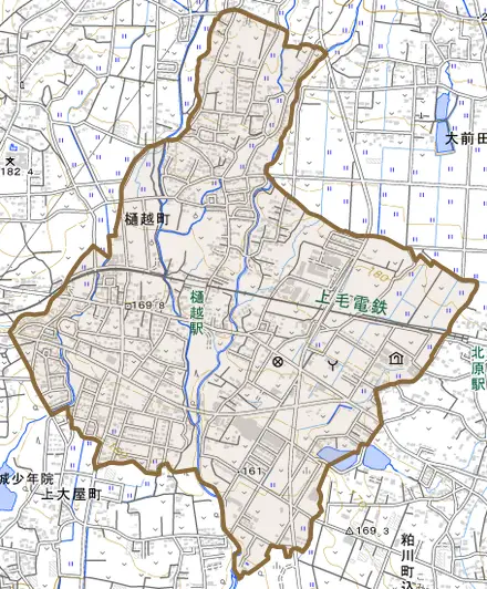 樋越町とその周辺の地図。町の範囲を重ねている