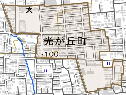 光が丘町とその周辺の地図。町の範囲を重ねている