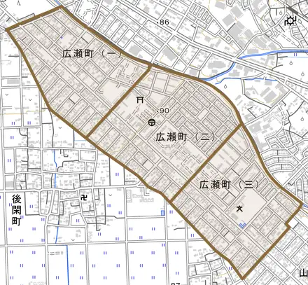 広瀬町とその周辺の地図。町の範囲を重ねている