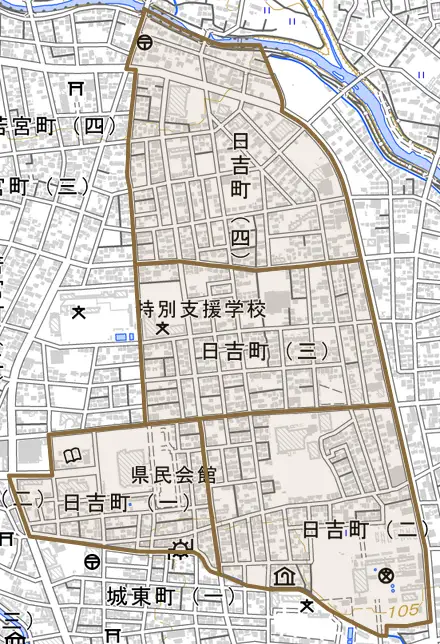 日吉町とその周辺の地図。町の範囲を重ねている