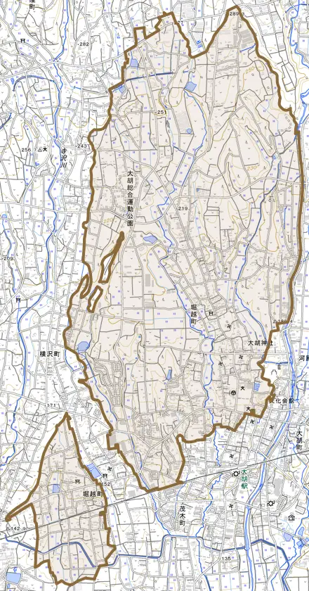 堀越町とその周辺の地図。町の範囲を重ねている