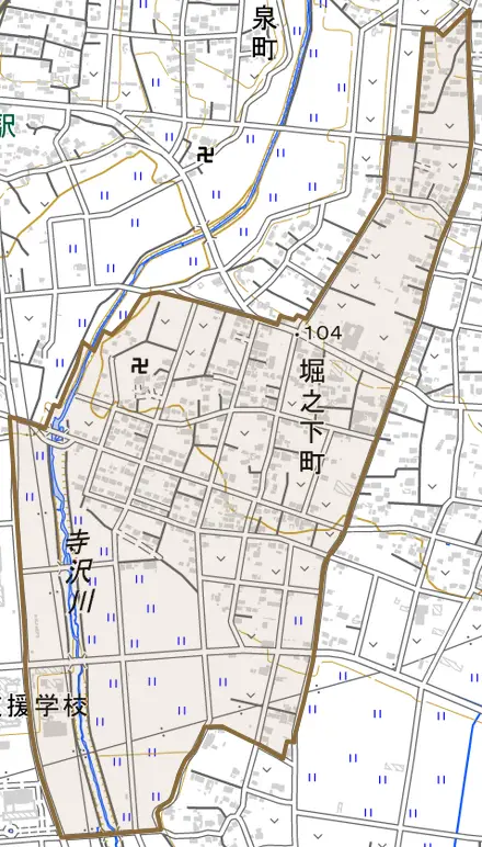 堀之下町とその周辺の地図。町の範囲を重ねている