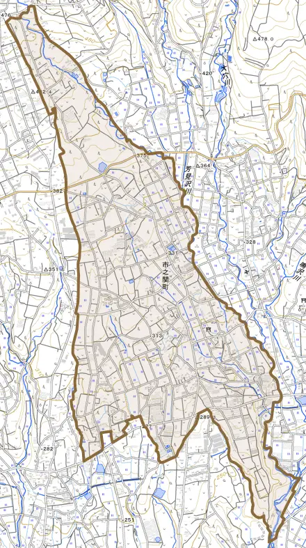 市之関町とその周辺の地図。町の範囲を重ねている