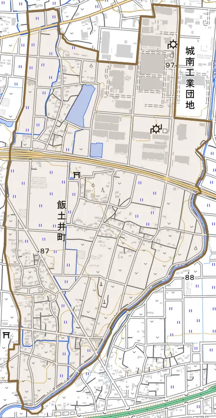 飯土井町とその周辺の地図。町の範囲を重ねている