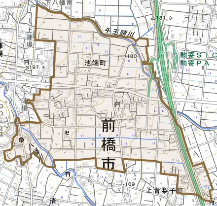 池端町とその周辺の地図。町の範囲を重ねている