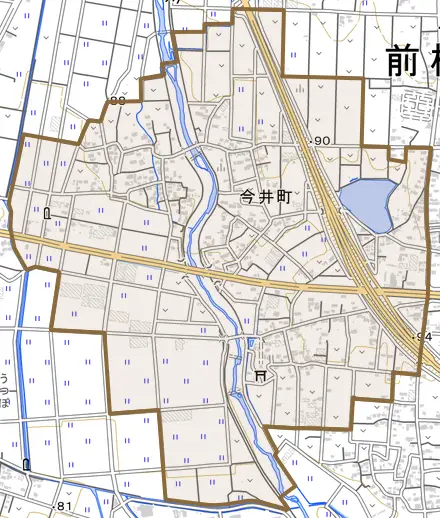 今井町とその周辺の地図。町の範囲を重ねている