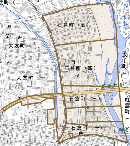 石倉町とその周辺の地図。町の範囲を重ねている