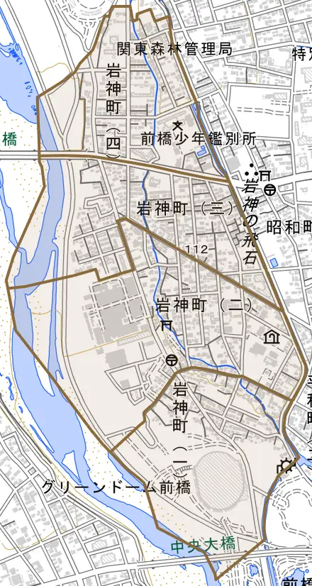 岩神町とその周辺の地図。町の範囲を重ねている