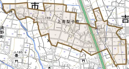 上青梨子町とその周辺の地図。町の範囲を重ねている
