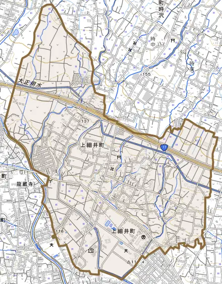 上細井町とその周辺の地図。町の範囲を重ねている